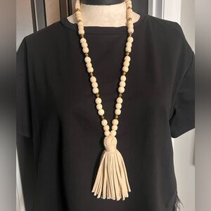 Mud Pie Cream and Gold Beaded Necklace with Tassel